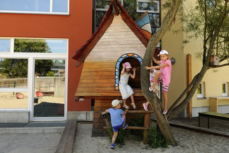 Kinder klettern auf Baum und Spielhaus